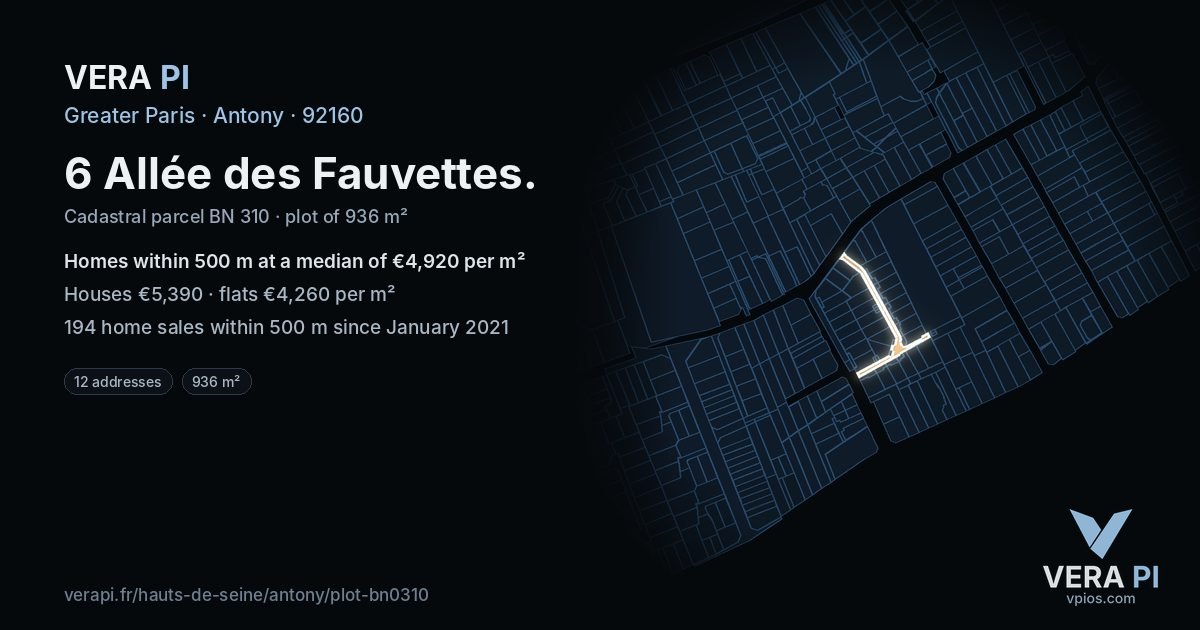 6 Allée des Fauvettes, Antony at night – the plot lit, the parcels around coloured by the prices near them