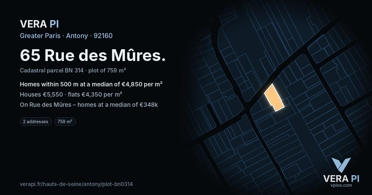 65 Rue des Mûres, Antony at night – the plot lit, the parcels around coloured by the prices near them
