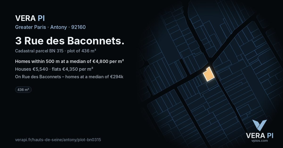 3 Rue des Baconnets, Antony at night – the plot lit, the parcels around coloured by the prices near them