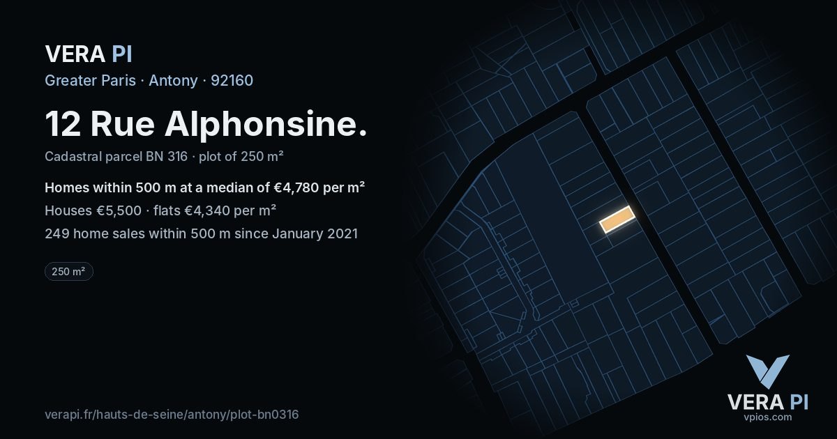 12 Rue Alphonsine, Antony at night – the plot lit, the parcels around coloured by the prices near them