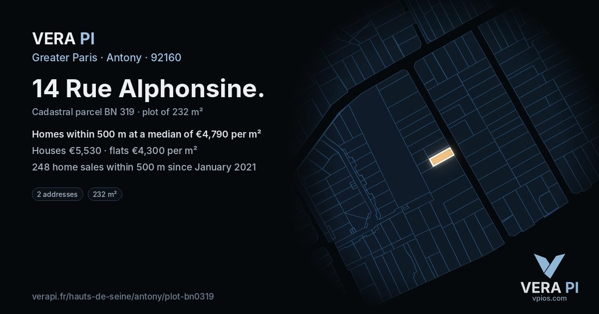 14 Rue Alphonsine, Antony at night – the plot lit, the parcels around coloured by the prices near them
