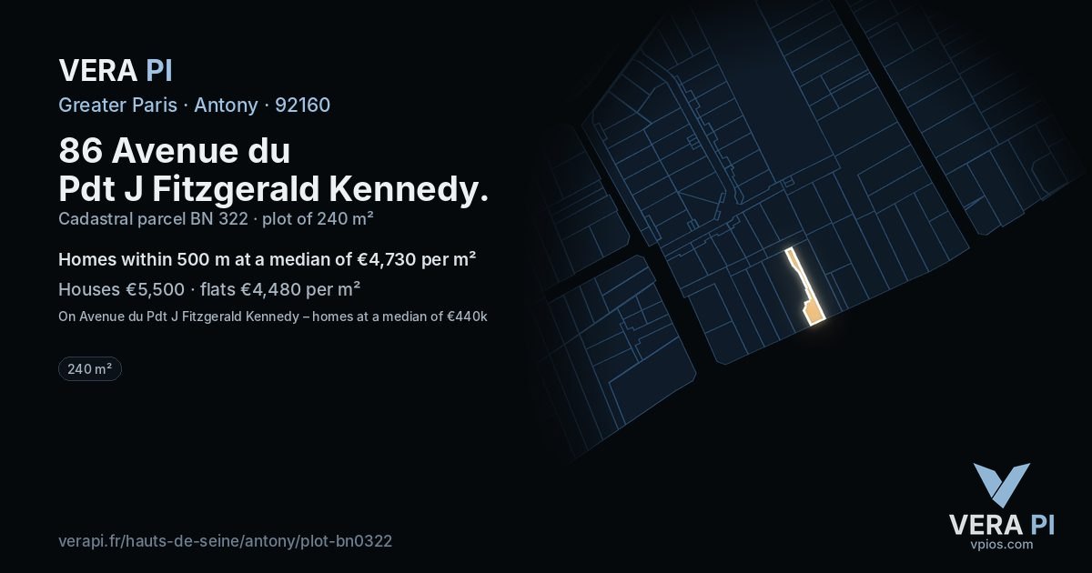 86 Avenue du Pdt J Fitzgerald Kennedy, Antony at night – the plot lit, the parcels around coloured by the prices near them