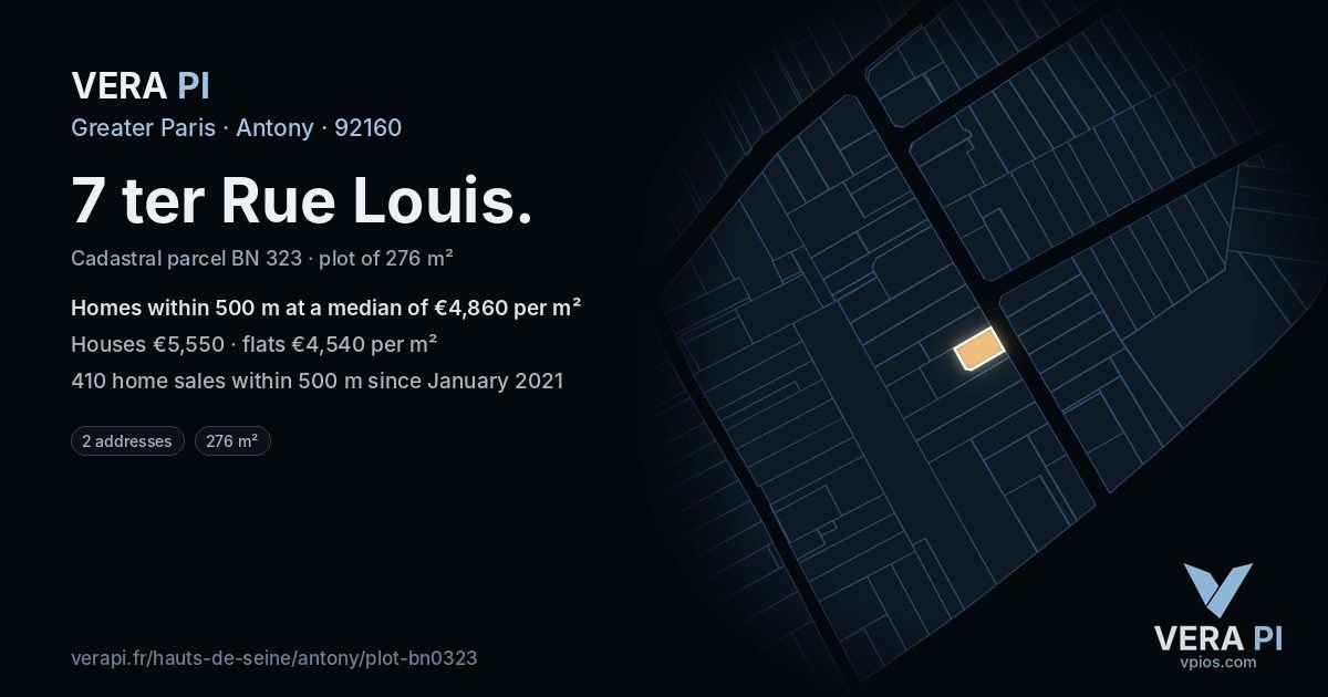 7 ter Rue Louis, Antony at night – the plot lit, the parcels around coloured by the prices near them