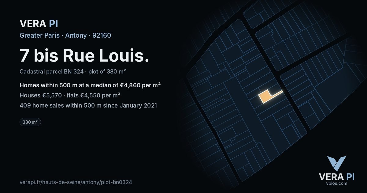 7 bis Rue Louis, Antony at night – the plot lit, the parcels around coloured by the prices near them