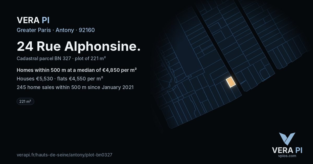 24 Rue Alphonsine, Antony at night – the plot lit, the parcels around coloured by the prices near them