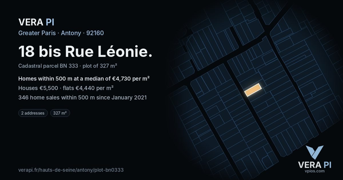 18 bis Rue Léonie, Antony at night – the plot lit, the parcels around coloured by the prices near them