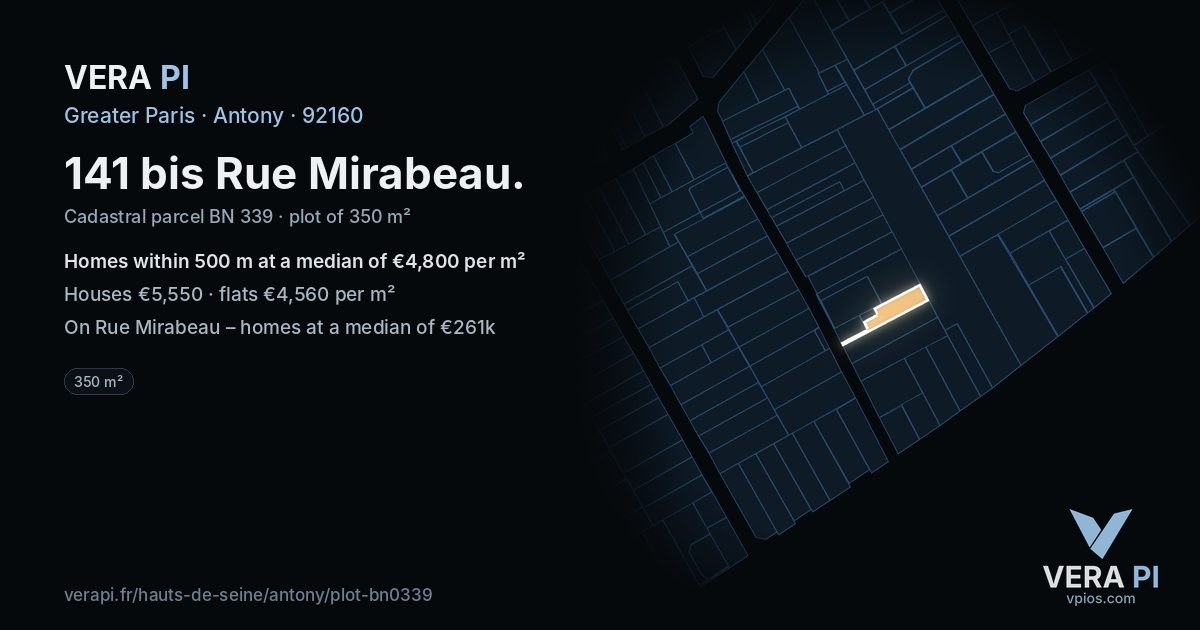 141 bis Rue Mirabeau, Antony at night – the plot lit, the parcels around coloured by the prices near them