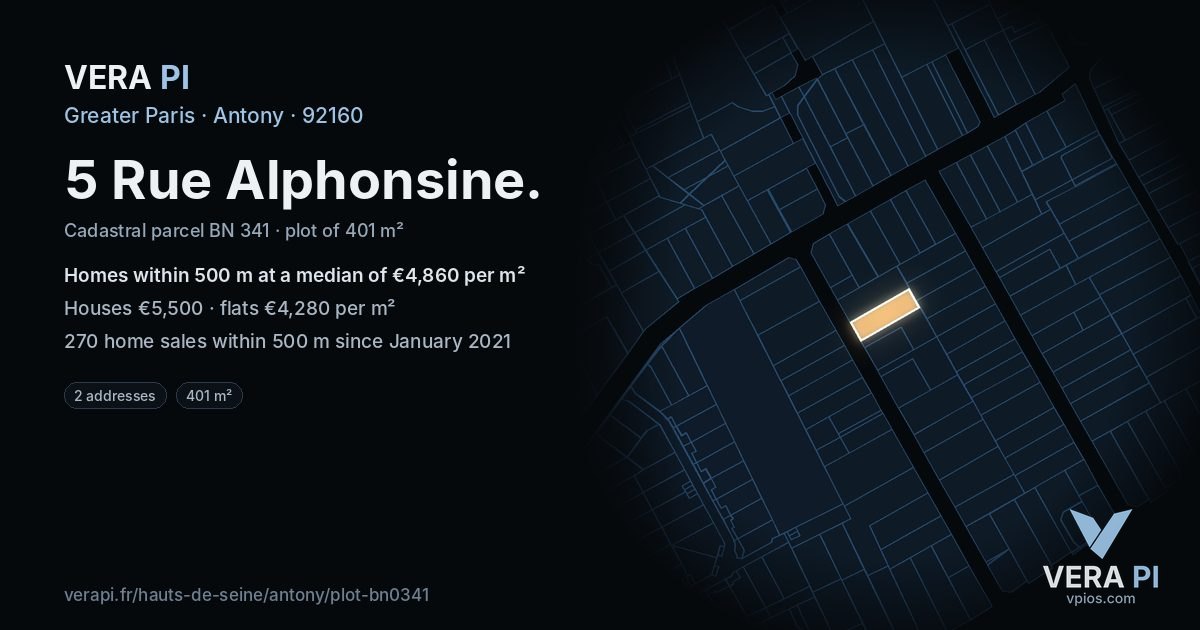 5 Rue Alphonsine, Antony at night – the plot lit, the parcels around coloured by the prices near them