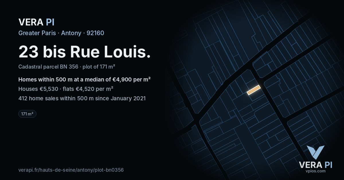 23 bis Rue Louis, Antony at night – the plot lit, the parcels around coloured by the prices near them