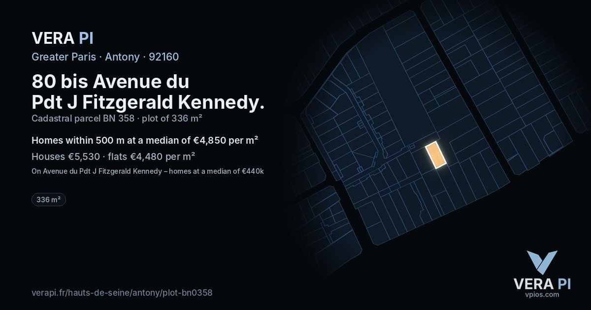 80 bis Avenue du Pdt J Fitzgerald Kennedy, Antony at night – the plot lit, the parcels around coloured by the prices near them