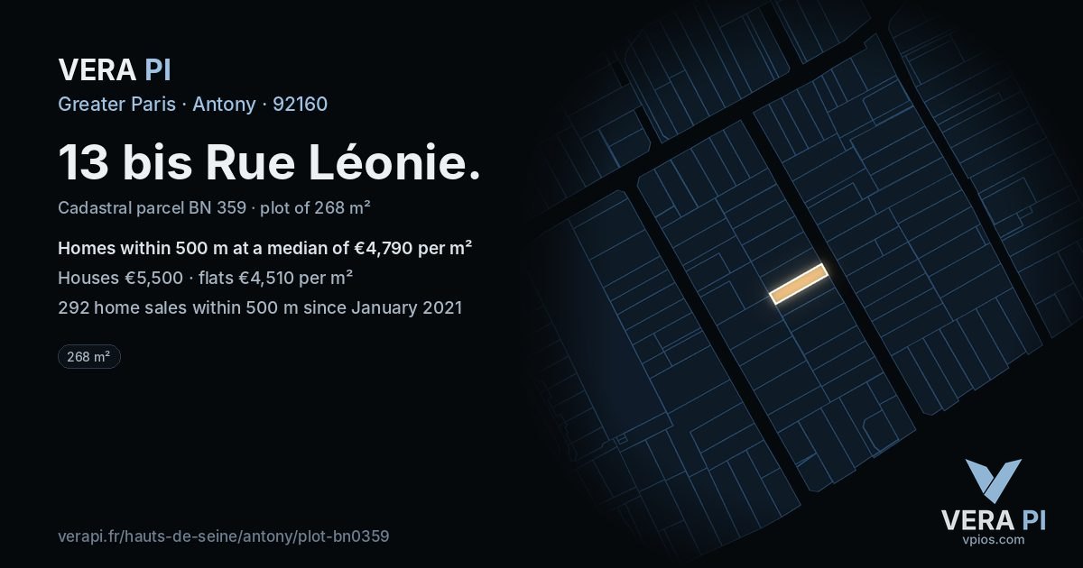13 bis Rue Léonie, Antony at night – the plot lit, the parcels around coloured by the prices near them