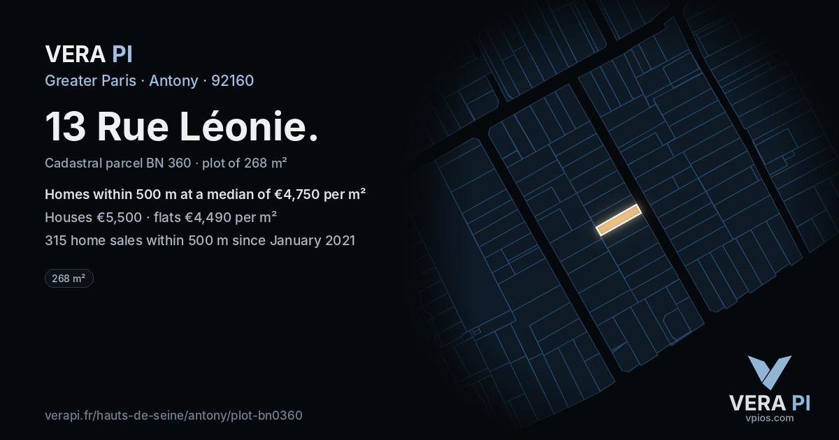 13 Rue Léonie, Antony at night – the plot lit, the parcels around coloured by the prices near them