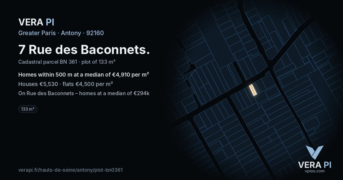 7 Rue des Baconnets, Antony at night – the plot lit, the parcels around coloured by the prices near them