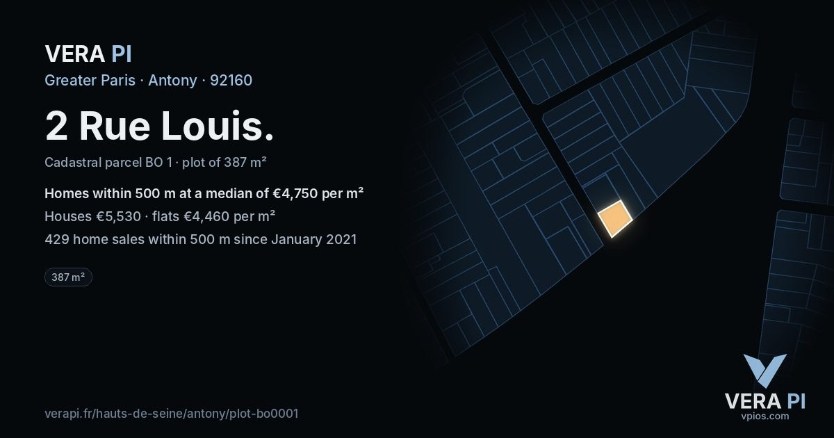 2 Rue Louis, Antony at night – the plot lit, the parcels around coloured by the prices near them