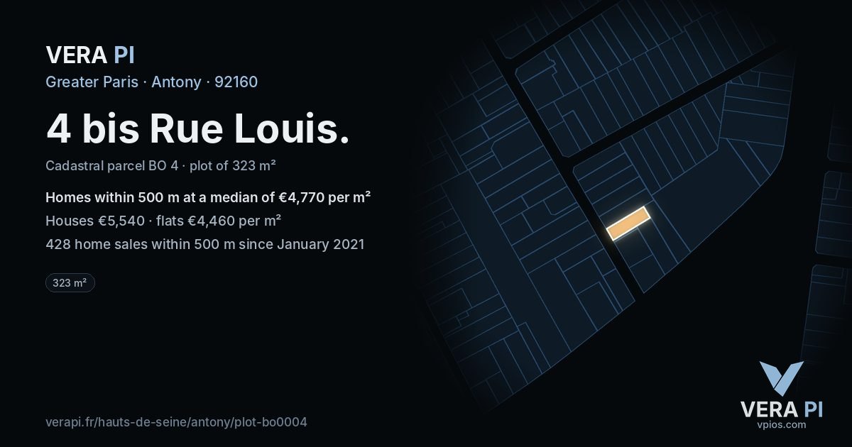 4 bis Rue Louis, Antony at night – the plot lit, the parcels around coloured by the prices near them