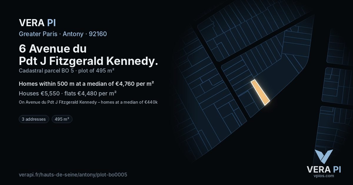 6 Avenue du Pdt J Fitzgerald Kennedy, Antony at night – the plot lit, the parcels around coloured by the prices near them