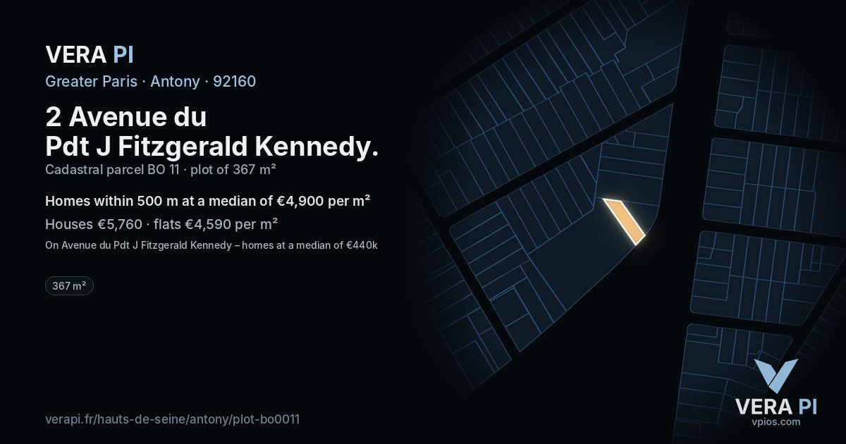 2 Avenue du Pdt J Fitzgerald Kennedy, Antony at night – the plot lit, the parcels around coloured by the prices near them