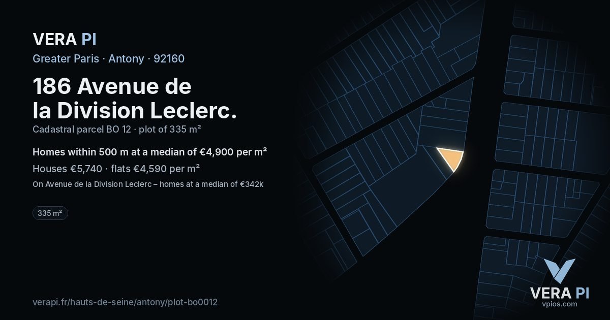 186 Avenue de la Division Leclerc, Antony at night – the plot lit, the parcels around coloured by the prices near them