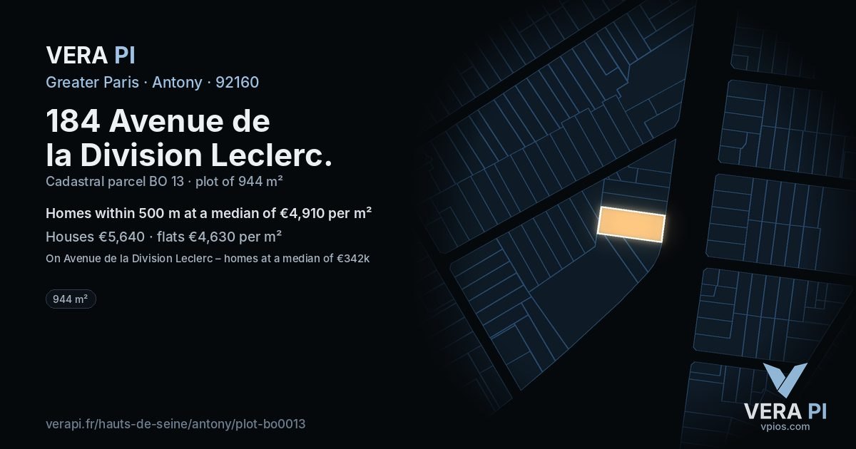 184 Avenue de la Division Leclerc, Antony at night – the plot lit, the parcels around coloured by the prices near them