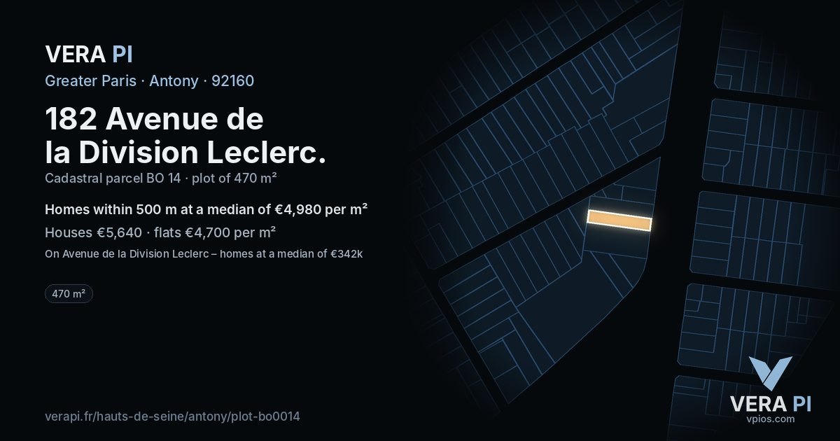 182 Avenue de la Division Leclerc, Antony at night – the plot lit, the parcels around coloured by the prices near them