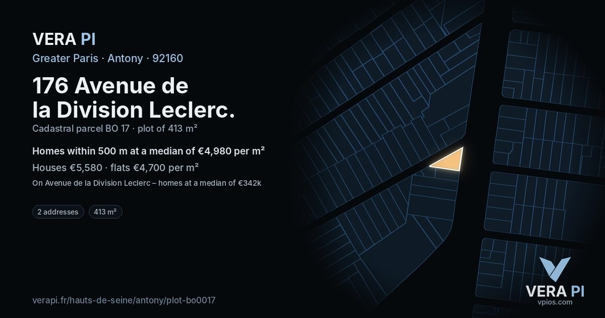 176 Avenue de la Division Leclerc, Antony at night – the plot lit, the parcels around coloured by the prices near them