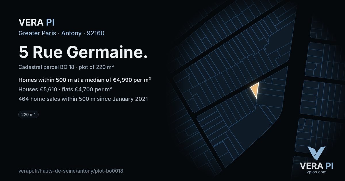 5 Rue Germaine, Antony at night – the plot lit, the parcels around coloured by the prices near them