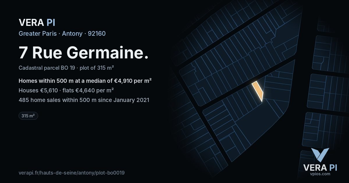 7 Rue Germaine, Antony at night – the plot lit, the parcels around coloured by the prices near them