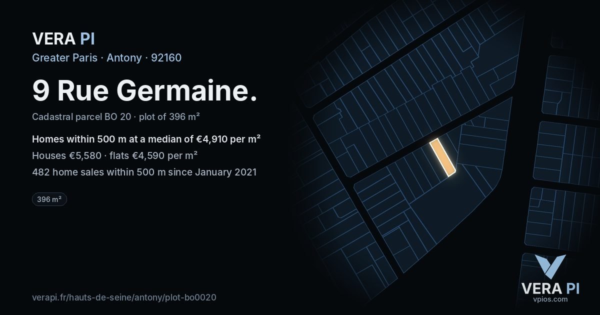 9 Rue Germaine, Antony at night – the plot lit, the parcels around coloured by the prices near them