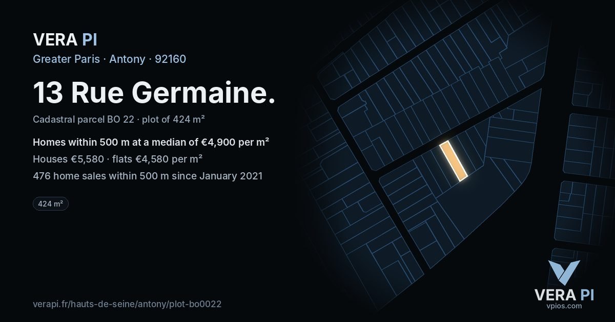 13 Rue Germaine, Antony at night – the plot lit, the parcels around coloured by the prices near them
