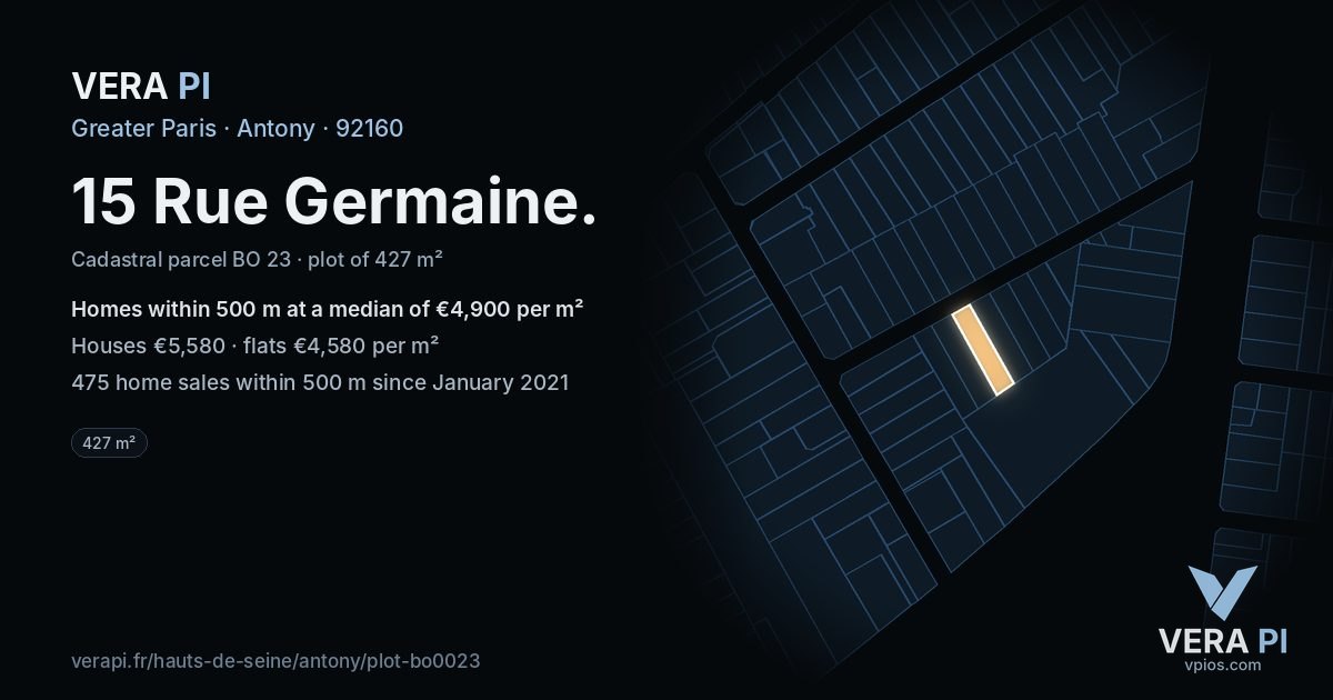 15 Rue Germaine, Antony at night – the plot lit, the parcels around coloured by the prices near them