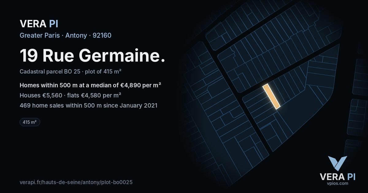 19 Rue Germaine, Antony at night – the plot lit, the parcels around coloured by the prices near them