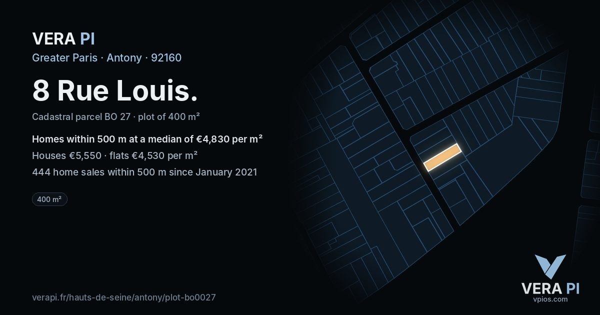 8 Rue Louis, Antony at night – the plot lit, the parcels around coloured by the prices near them