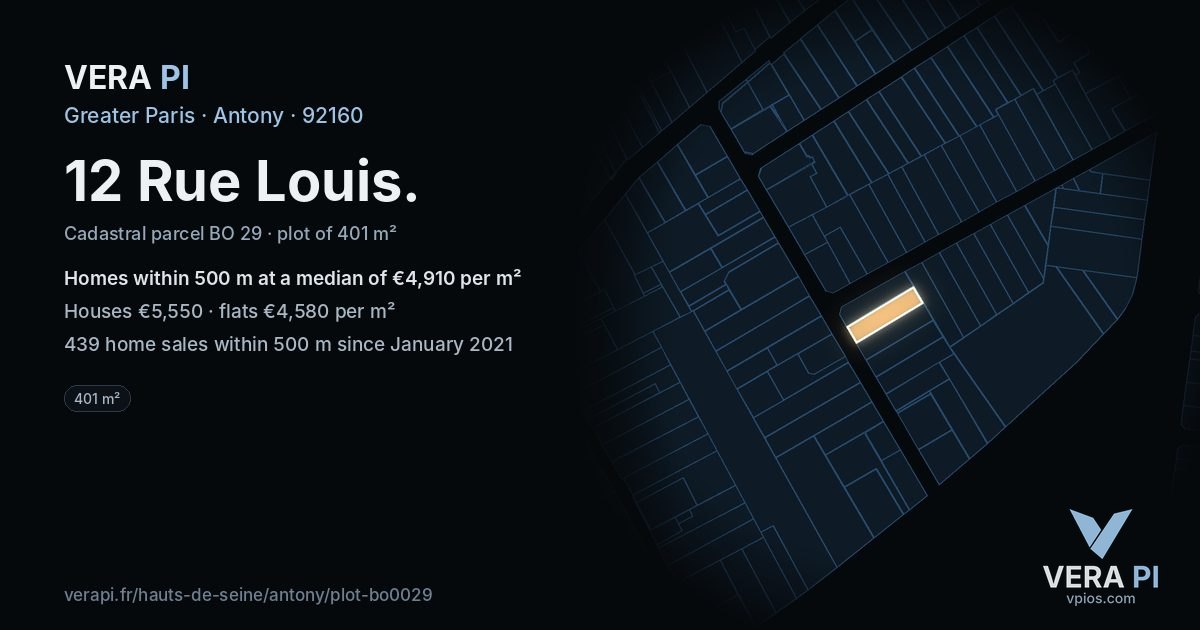 12 Rue Louis, Antony at night – the plot lit, the parcels around coloured by the prices near them