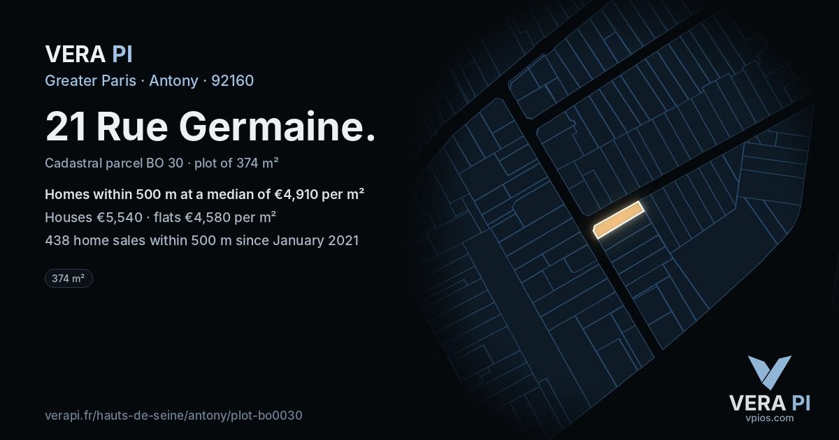 21 Rue Germaine, Antony at night – the plot lit, the parcels around coloured by the prices near them