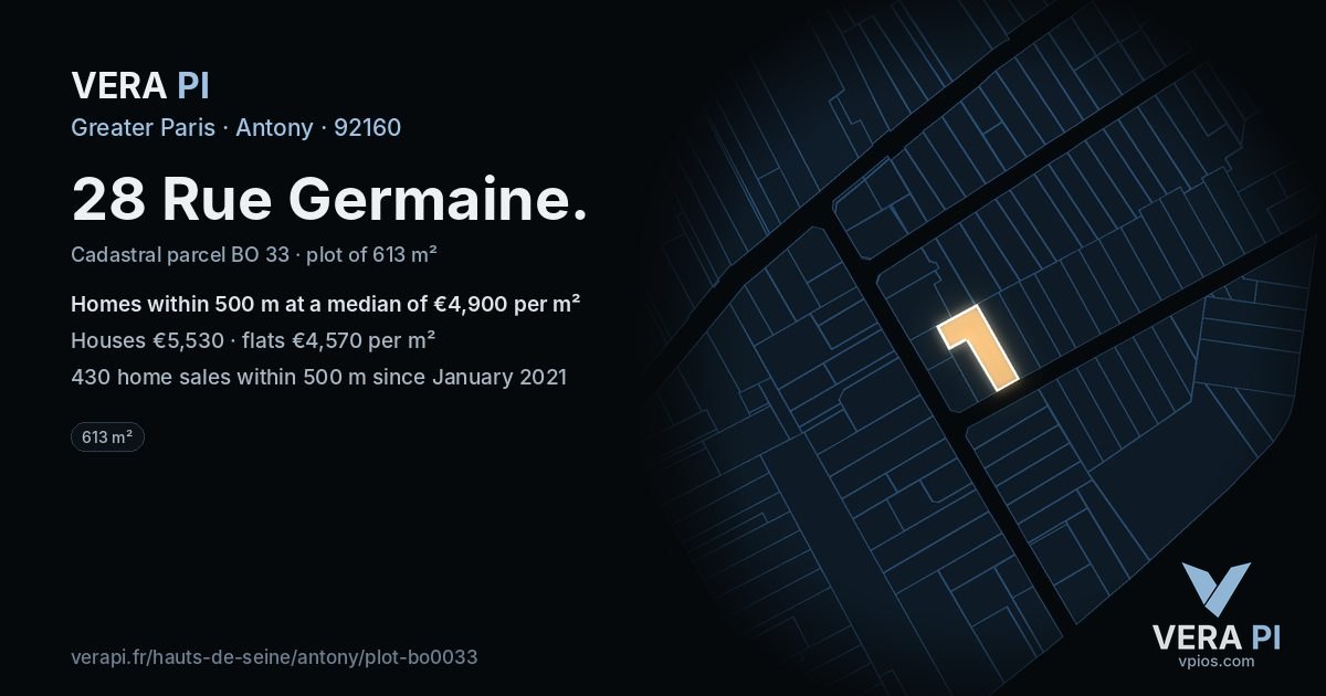 28 Rue Germaine, Antony at night – the plot lit, the parcels around coloured by the prices near them