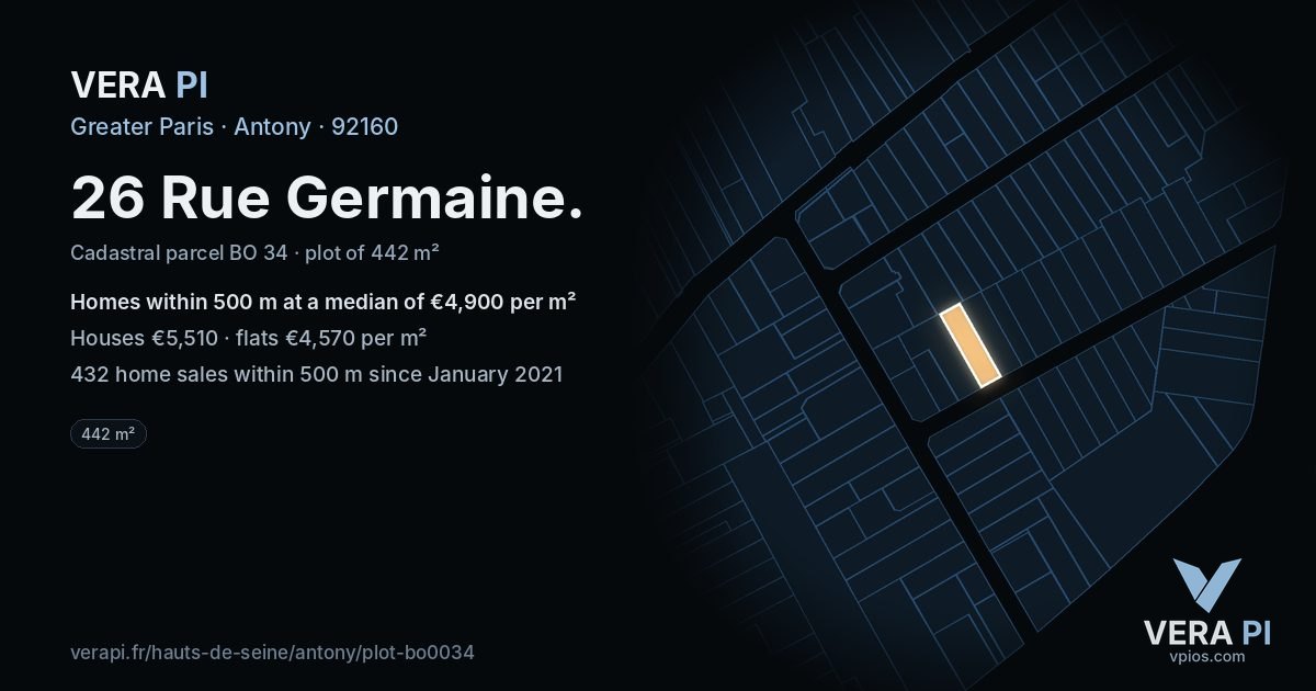 26 Rue Germaine, Antony at night – the plot lit, the parcels around coloured by the prices near them