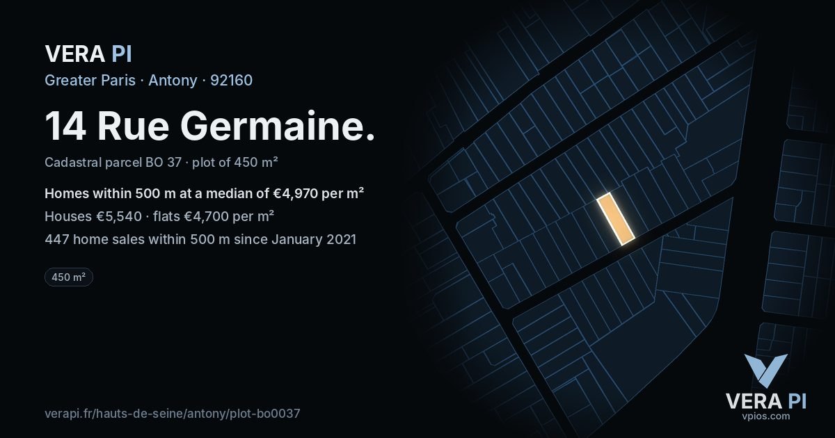14 Rue Germaine, Antony at night – the plot lit, the parcels around coloured by the prices near them