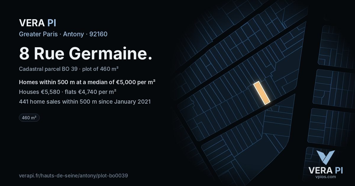 8 Rue Germaine, Antony at night – the plot lit, the parcels around coloured by the prices near them