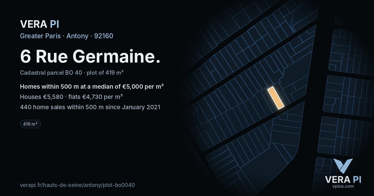 6 Rue Germaine, Antony at night – the plot lit, the parcels around coloured by the prices near them