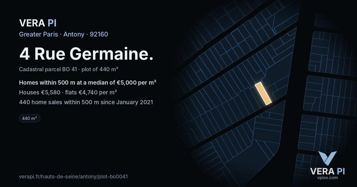 4 Rue Germaine, Antony at night – the plot lit, the parcels around coloured by the prices near them