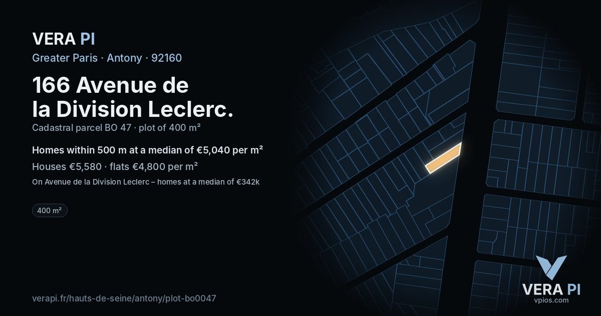 166 Avenue de la Division Leclerc, Antony at night – the plot lit, the parcels around coloured by the prices near them