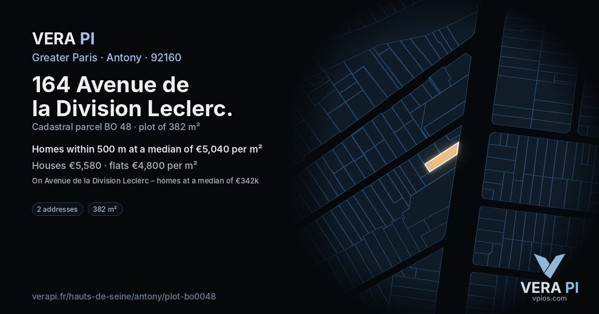 164 Avenue de la Division Leclerc, Antony at night – the plot lit, the parcels around coloured by the prices near them