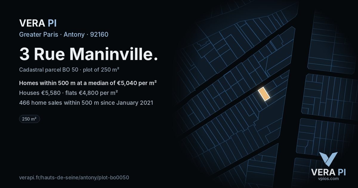 3 Rue Maninville, Antony at night – the plot lit, the parcels around coloured by the prices near them