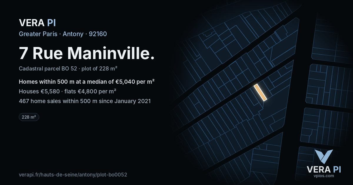 7 Rue Maninville, Antony at night – the plot lit, the parcels around coloured by the prices near them