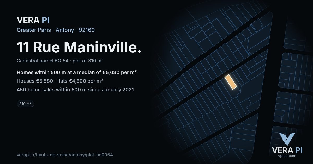 11 Rue Maninville, Antony at night – the plot lit, the parcels around coloured by the prices near them