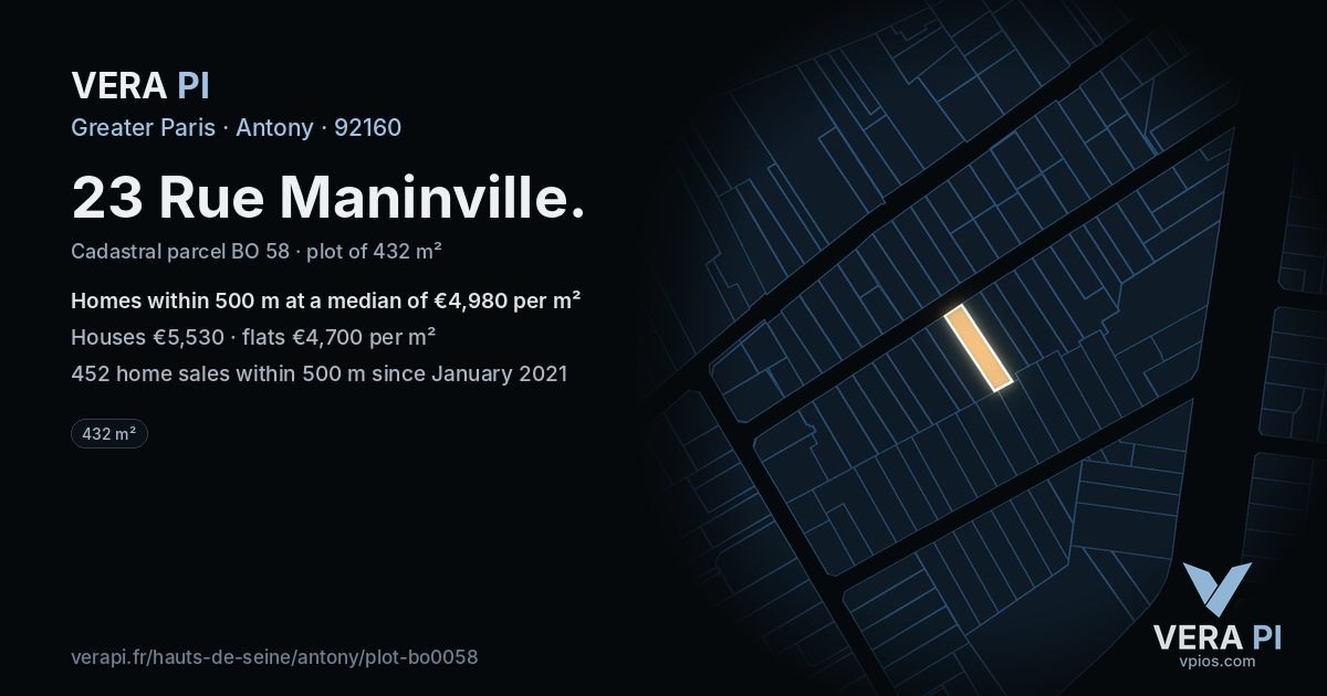 23 Rue Maninville, Antony at night – the plot lit, the parcels around coloured by the prices near them