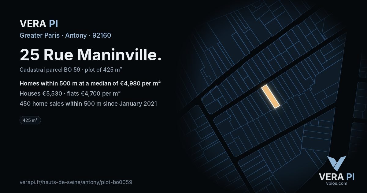 25 Rue Maninville, Antony at night – the plot lit, the parcels around coloured by the prices near them