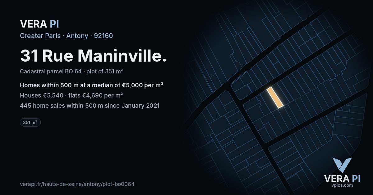 31 Rue Maninville, Antony at night – the plot lit, the parcels around coloured by the prices near them
