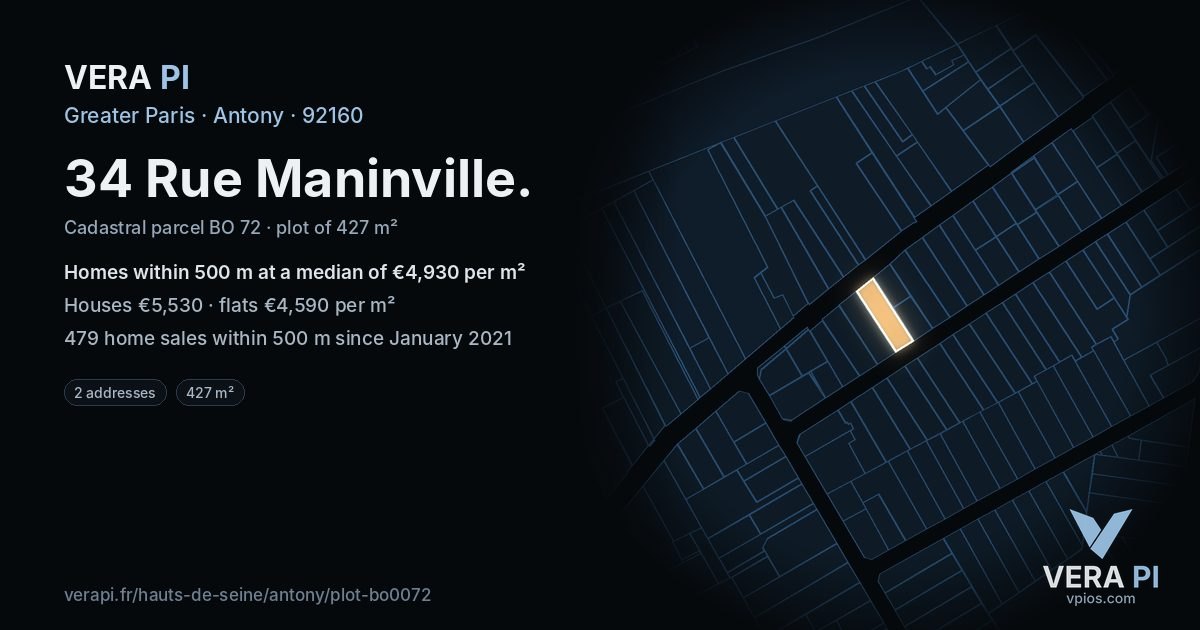 34 Rue Maninville, Antony at night – the plot lit, the parcels around coloured by the prices near them