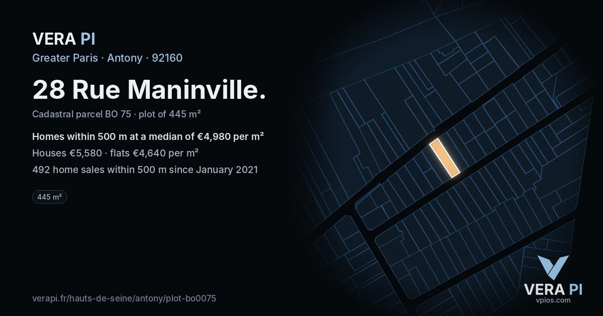 28 Rue Maninville, Antony at night – the plot lit, the parcels around coloured by the prices near them